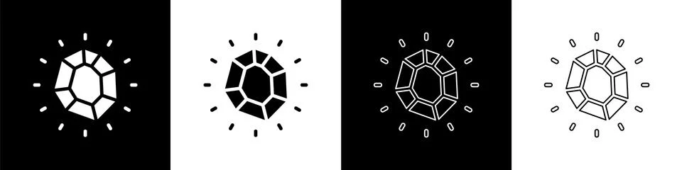 Set Magic stone icon isolated on black and white background. Fantasy crystal Illustrazione stock