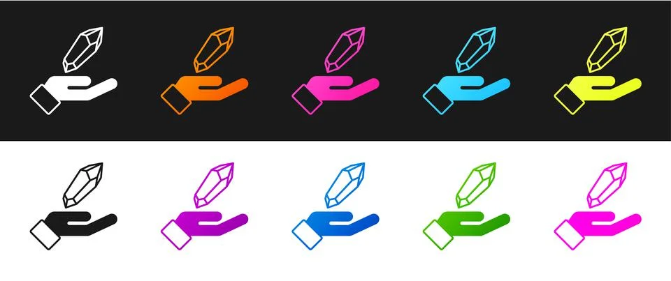 Set Magic stone icon isolated on black and white background. Fantasy crystal Stock Illustration