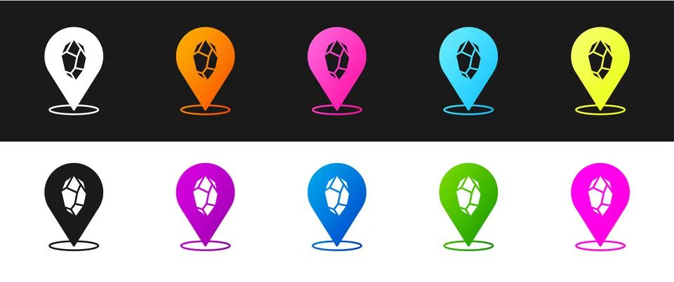 Set Magic stone icon isolated on black and white background. Fantasy crystal Stock Illustration