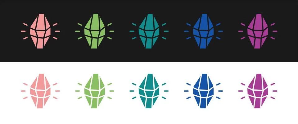 Set Magic stone icon isolated on black and white background. Fantasy crystal. Illustrazione stock