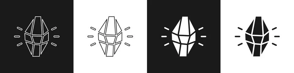 Set Magic stone icon isolated on black and white background. Fantasy crystal Stock Illustration