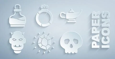 Set Magic stone, lamp or Aladdin, Mask of the devil with horns, Skull, ring gem Stock Illustration