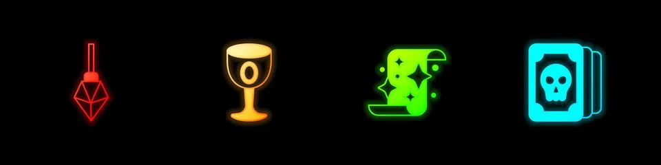 Set Magic stone, Medieval goblet, scroll and Tarot cards icon. Vector Stock Illustration