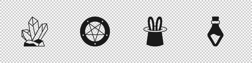 Set Magic stone, Pentagram in circle, Magician hat and rabbit ears and Bottle 스톡 일러스트