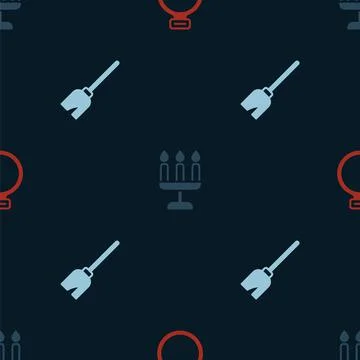Set Magic stone ring, Candlestick and Witches broom on seamless pattern. Vector 스톡 일러스트