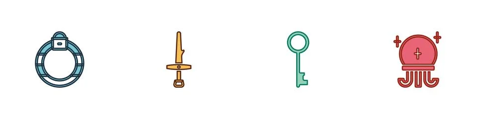 Set Magic stone ring, Dagger, Old key and ball icon. Vector Illustrazione stock