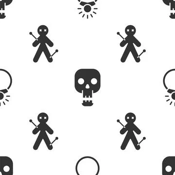 Set Magic stone ring with gem, Skull and Voodoo doll on seamless pattern. Vector Stock Illustration