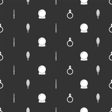 Set Magic stone ring with gem, sword fire, wand and ball on seamless pattern Illustrazione stock