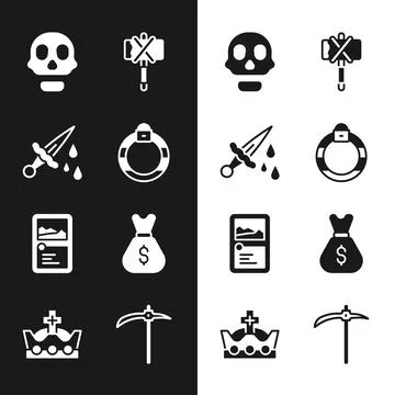 Set Magic stone ring, Sword with blood, Skull, Medieval axe, Card game coll.. Stock Illustration