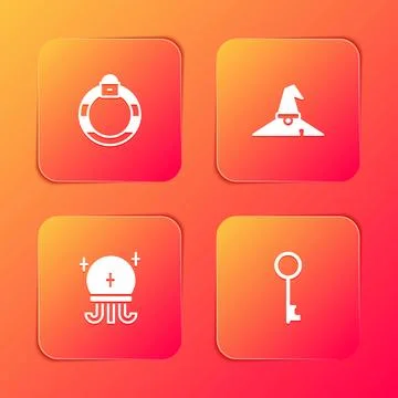 Set Magic stone ring, Witch hat, ball and Old key icon. Vector Stock Illustration