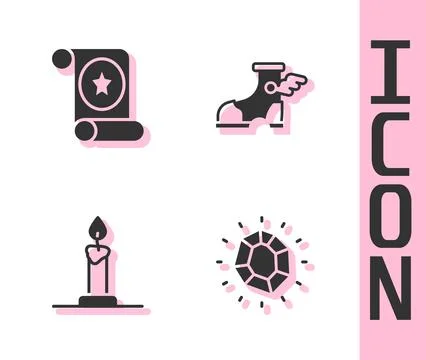 Set Magic stone, scroll, Burning candle in candlestick and Hermes sandal icon Stock Illustration