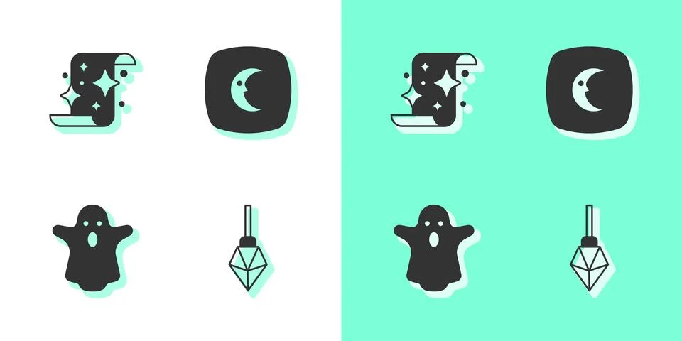 Set Magic stone, scroll, Ghost and Moon and stars icon. Vector Stock Illustration