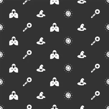 Set Magic stone, wand, Mantle, cloak, cape and Witch hat on seamless pattern Stock Illustration