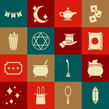 Set Magic stone, Witch cauldron, Ancient magic book, lamp or Aladdin, Star .. Stock Illustration