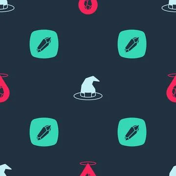 Set Magic stone, Witch hat and  on seamless pattern. Vector Illustrazione stock