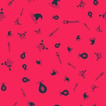 Set Magic stone, Witch hat, Crossed medieval sword and staff on seamless pa.. Illustrazione stock