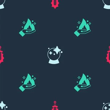 Set Magic sword in fire, ball and Hand holding on seamless pattern. Vector Stock Illustration