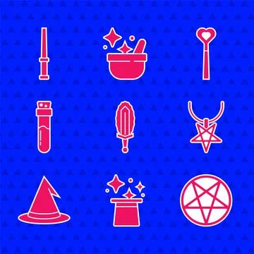 Set Magic sword in fire, hat, Pentagram circle, on necklace, Witch, Bottle with Illustrazione stock