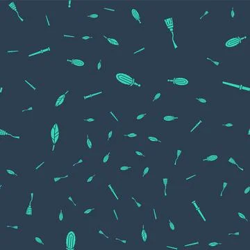 Set Magic sword in fire, Witches broom, feather and wand on seamless pattern Stock Illustration