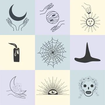 Set of magic symbols, celestial seamless pattern. Astrological, magical and.. Stockillustratie