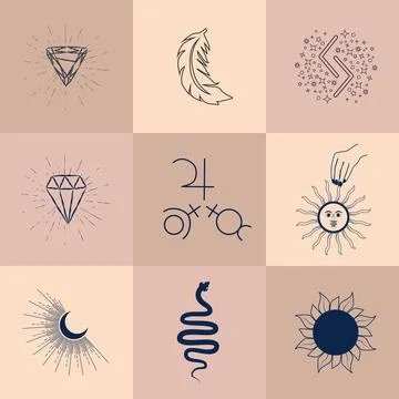 Set of magic symbols, celestial seamless pattern. Astrological, magical and.. Stock Illustration
