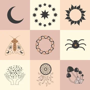 Set of magic symbols, celestial seamless pattern. Astrological, magical and.. Stockillustratie