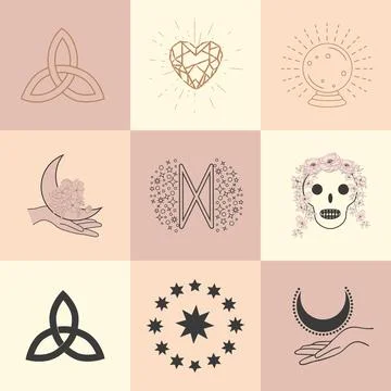 Set of magic symbols, celestial seamless pattern. Astrological, magical and.. Illustrazione stock