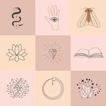 Set of magic symbols, celestial seamless pattern. Astrological, magical and.. Illustrazione stock