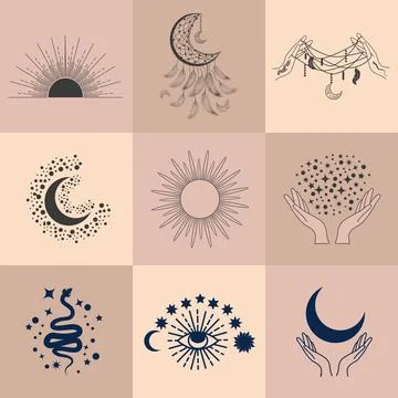 Set of magic symbols, celestial seamless pattern. Astrological, magical and.. Illustrazione stock