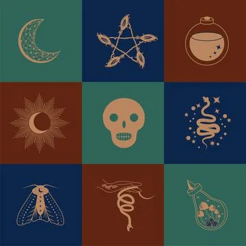 Set of magic symbols, celestial seamless pattern. Astrological, magical and.. Stock Illustration
