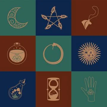 Set of magic symbols, celestial seamless pattern. Astrological, magical and.. Illustrazione stock