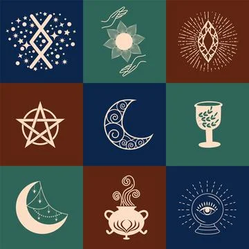 Set of magic symbols, celestial seamless pattern. Astrological, magical and.. Illustrazione stock