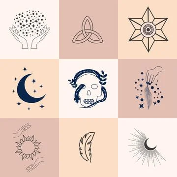 Set of magic symbols, celestial seamless pattern. Astrological, magical and.. Stock Illustration