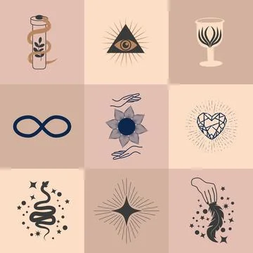 Set of magic symbols, celestial seamless pattern. Astrological, magical and.. Stock Illustration