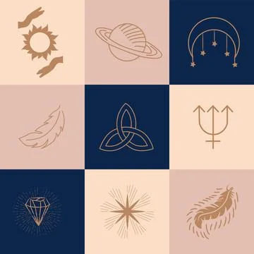 Set of magic symbols, celestial seamless pattern. Astrological, magical and.. Stock Illustration