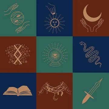 Set of magic symbols, celestial seamless pattern. Astrological, magical and.. Stock Illustration