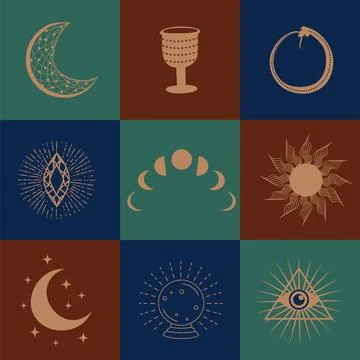 Set of magic symbols, celestial seamless pattern. Astrological, magical and.. Stock Illustration