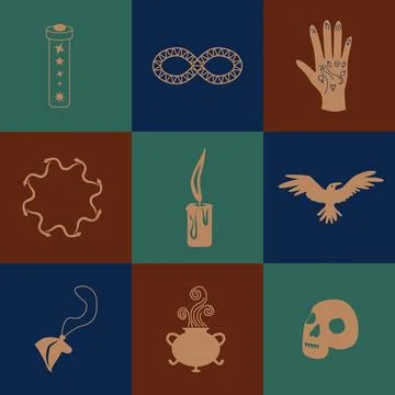 Set of magic symbols, celestial seamless pattern. Astrological, magical and.. Stock Illustration