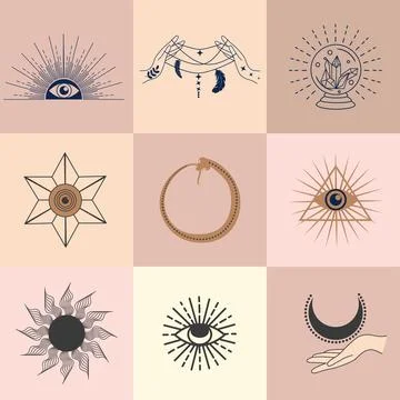 Set of magic symbols, celestial seamless pattern. Astrological, magical and.. Stockillustratie