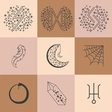 Set of magic symbols, celestial seamless pattern. Astrological, magical and.. Stock Illustration