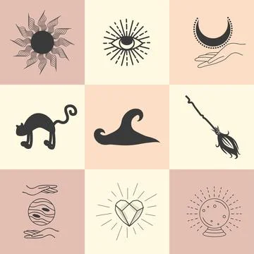 Set of magic symbols, celestial seamless pattern. Astrological, magical and.. Illustrazione stock