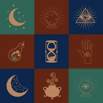 Set of magic symbols, celestial seamless pattern. Astrological, magical and.. 스톡 일러스트