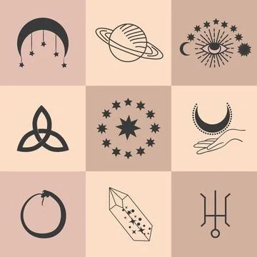 Set of magic symbols, celestial seamless pattern. Astrological, magical and.. Stock Illustration