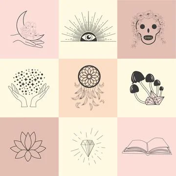 Set of magic symbols, celestial seamless pattern. Astrological, magical and.. Stock Illustration