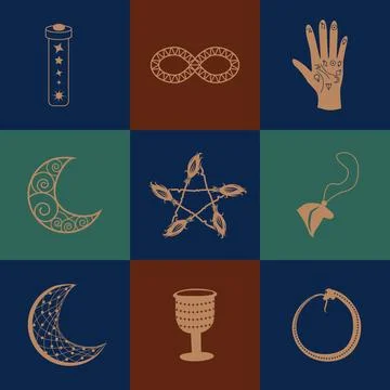 Set of magic symbols, celestial seamless pattern. Astrological, magical and.. Stock Illustration