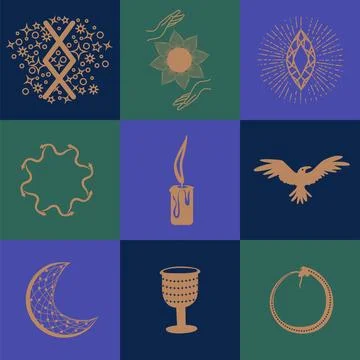 Set of magic symbols, celestial seamless pattern. Astrological, magical and.. Stockillustratie