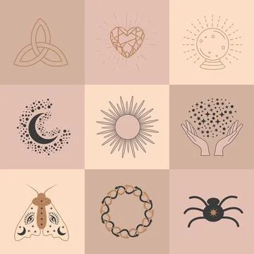 Set of magic symbols, celestial seamless pattern. Astrological, magical and.. Stock Illustration