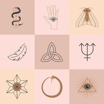 Set of magic symbols, celestial seamless pattern. Astrological, magical and.. Stock Illustration