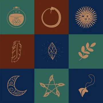 Set of magic symbols, celestial seamless pattern. Astrological, magical and.. Illustrazione stock