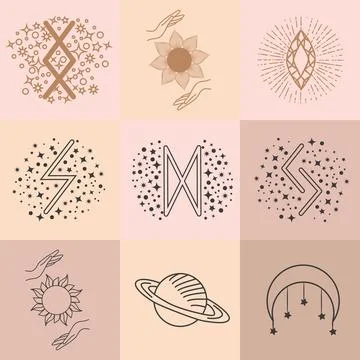 Set of magic symbols, celestial seamless pattern. Astrological, magical and.. Stock Illustration